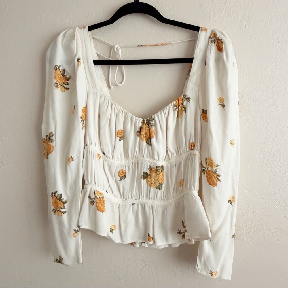 Reformation Ivory Floral Long-Sleeve Peasant Blouse with Mustard Roses